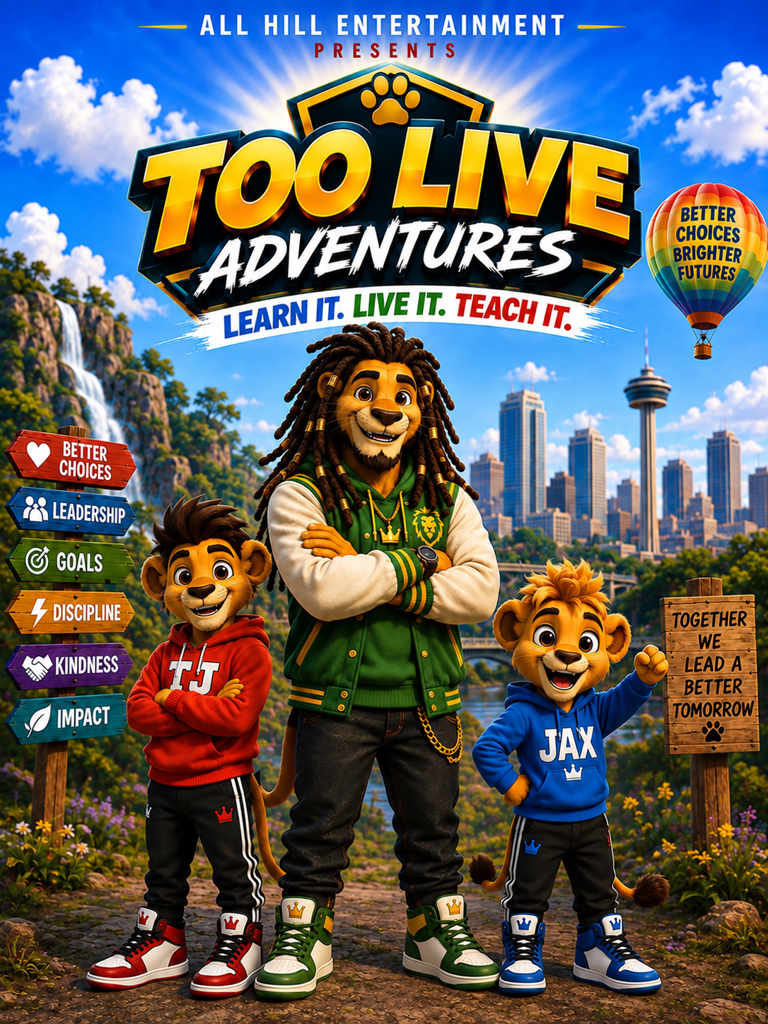 Too Live with TJ in red and Jax in blue, surrounded by leadership signs and a bright adventure landscape